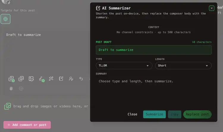Open AI Summarizer modal from the composer toolbar