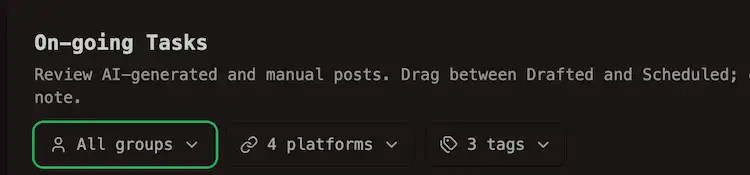 Kanban filter by channel group, platform, and post type