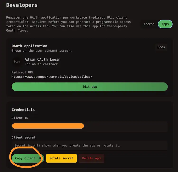 Copy secret in OpenQuok Developer OAuth App