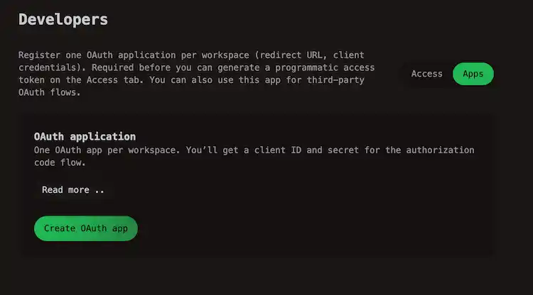 Developer App settings