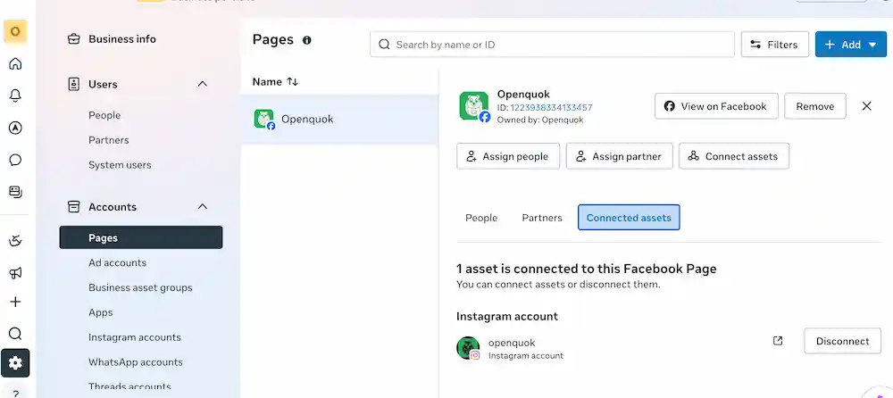 a Facebook Page and Instagram Account linked